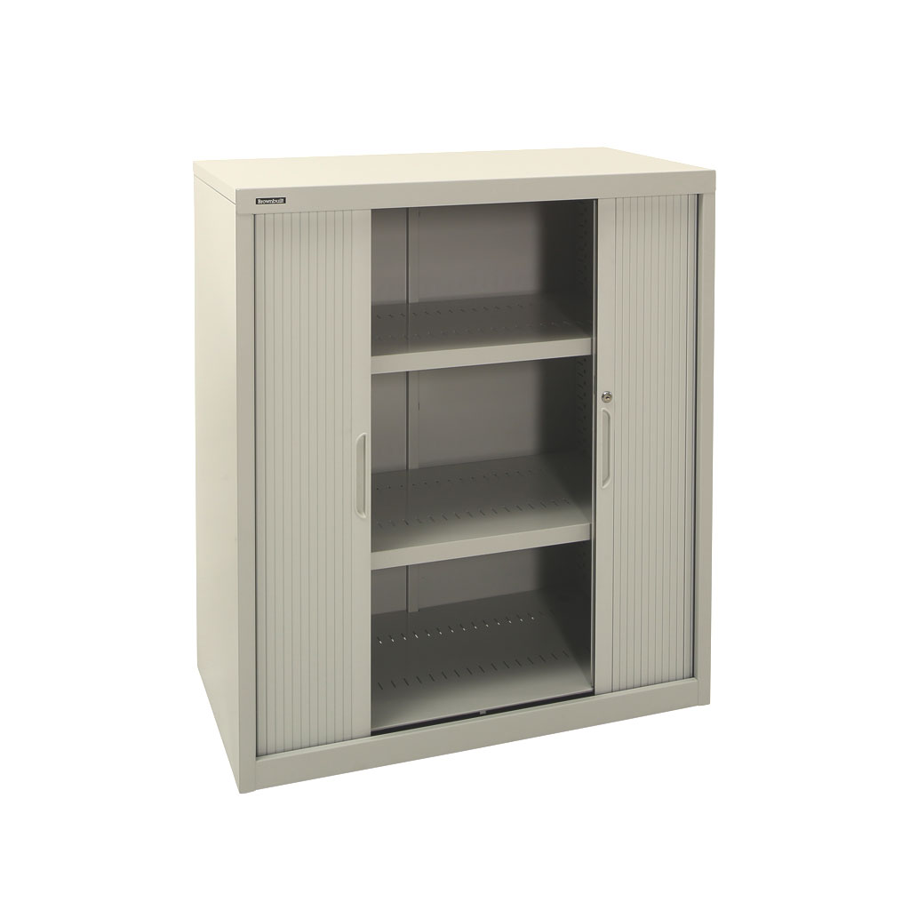 900w X 1020h Tambour Cupboard in Grey with 2 Shelves